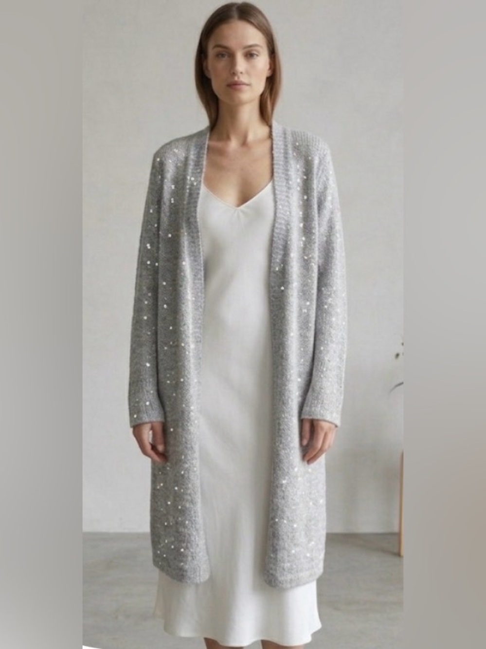 Woman Within Grey Sequin Open Knit Longline Cardigan Sweater Size M/L Minimalist